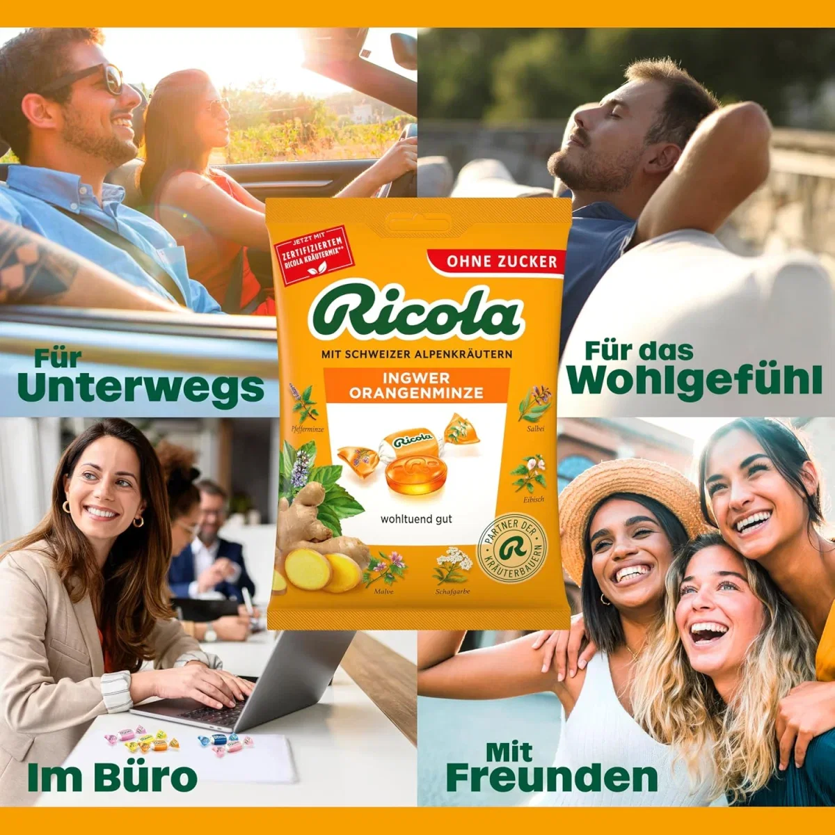 4x Ricola Ingwer & Orangenminze Beutel Original Schweizer