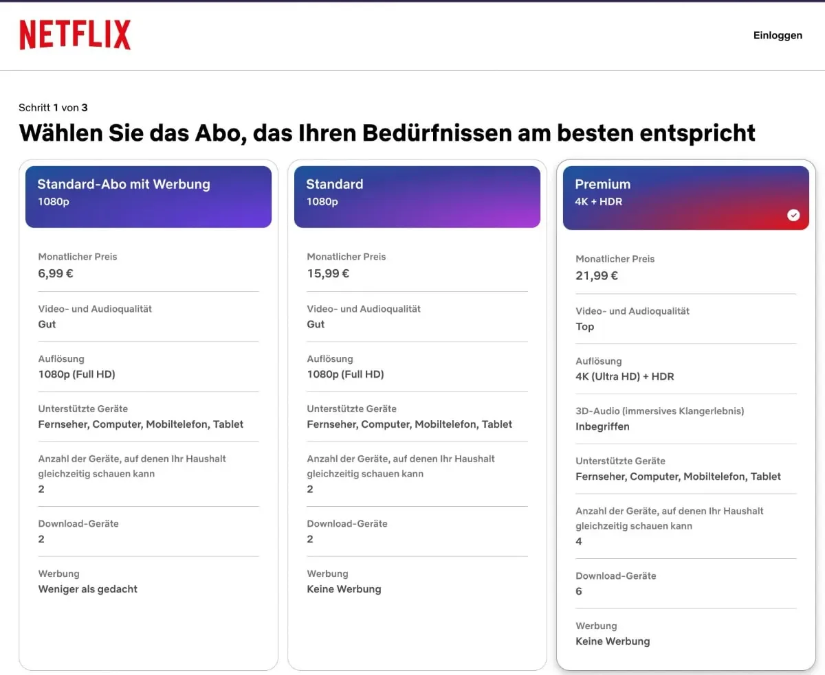 Netflix Abo-Preise in Deutschland: Standard mit Werbung 6,99 Euro, Standard 15,99 Euro und Premium 21,99 Euro