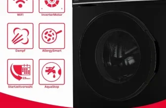 Schwarze SHARP Waschmaschine mit Icons für WiFi, InverterMotor, Dampf, AllergySmart, Startzeitvorwahl und AquaStop.