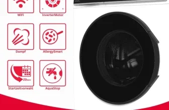 Sharp Waschmaschine mit Icons für WiFi, InverterMotor, Dampf und AquaStop
