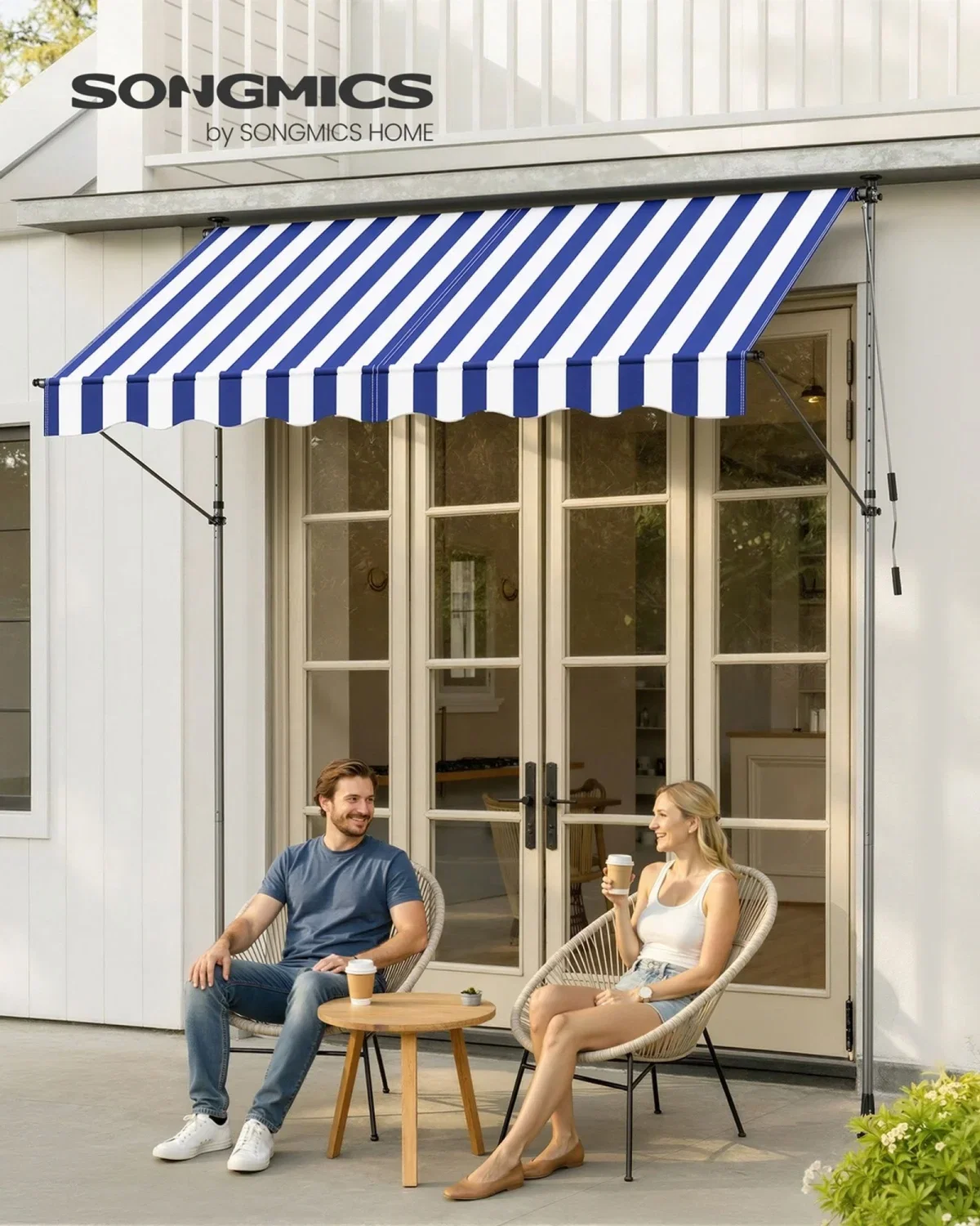 [EXKLUSIV] Songmics Klemmmarkise für flexiblen Sonnenschutz Blau-Weiß (250 X 120 cm mit Handkurbel)