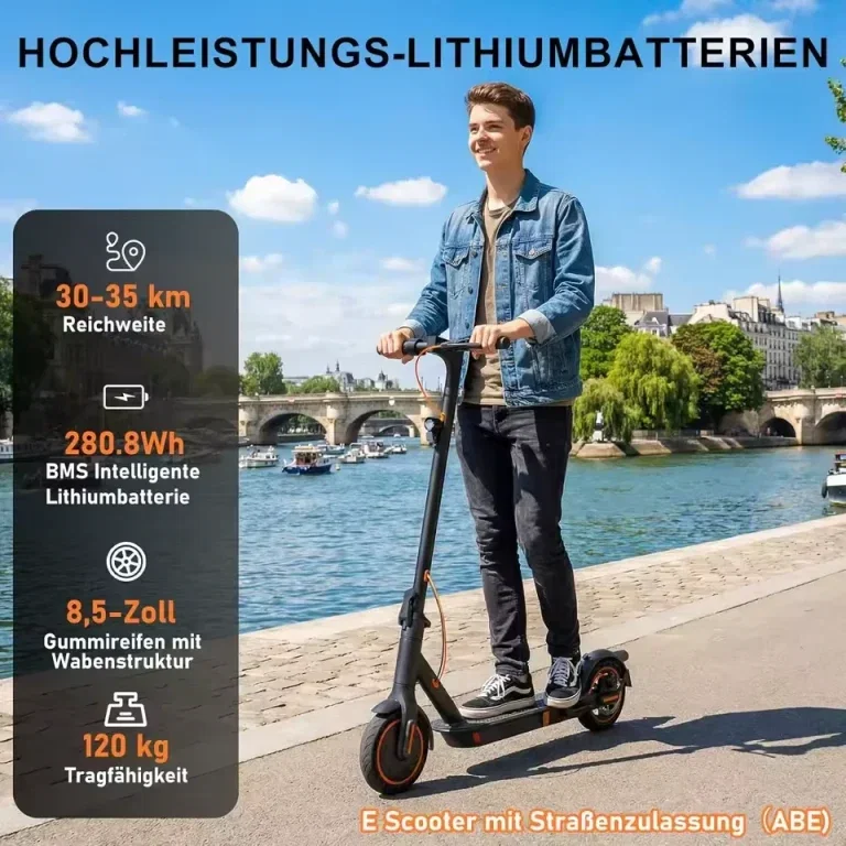 Mann auf Todimart E-Scooter mit Text zu Reichweite und Batterie
