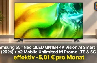 Samsung 55 Zoll Neo QLED QN1EH 4K TV mit buntem Bild und Preisangabe