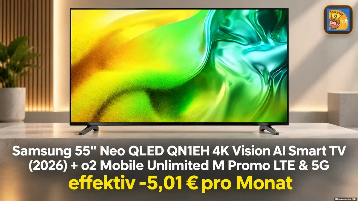 Samsung Tarife: Samsung 55″ Neo QLED QN1EH 4K Vision AI Smart TV (2026) + o2 Mobile Unlimited M Promo LTE & 5G für 29,99 € / Monat + 58,99 € einmalig