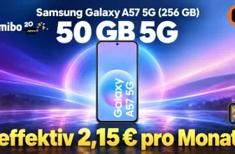 Samsung Galaxy A57 5G Smartphone vor blauem Hintergrund mit Gomibo-Logo und Preisangabe