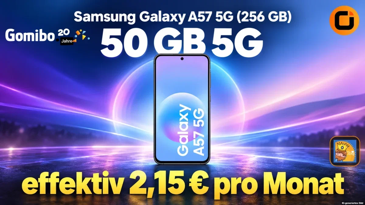 Gomibo: Samsung Galaxy A57 5G (256 GB) + otelo Vodafone Allnet-Flat 50 GB 5G für 19,99 € / Monat + 5,95 € einmalig