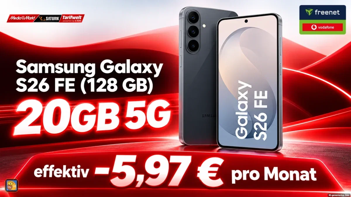 MediaMarkt Tarifwelt: Samsung Galaxy S26 FE (128 GB) + freenet Vodafone Allnet Flat 20GB 5G für 14,99 € / Monat + 94,94 € einmalig