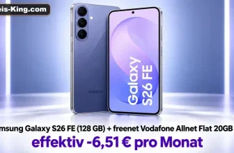 Samsung Galaxy S26 FE Smartphone mit Preis-King.com Logo und Rabattangabe