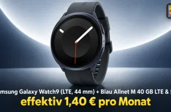 Schwarze Samsung Galaxy Watch9 mit Zeiger-Anzeige vor blauem Hintergrund und Preisangabe