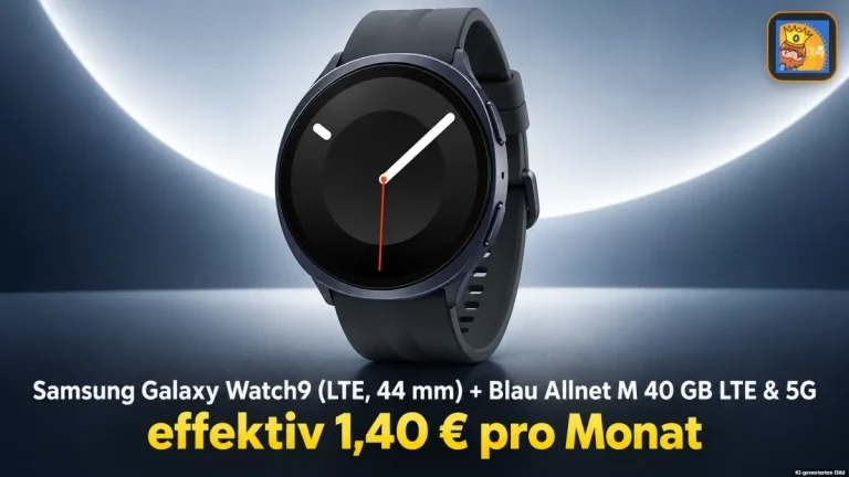 Schwarze Samsung Galaxy Watch9 mit Zeiger-Anzeige vor blauem Hintergrund und Preisangabe