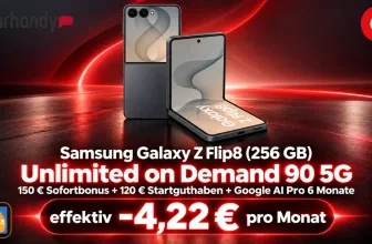 Samsung Galaxy Z Flip8 in Schwarz mit Vodafone-Logo und Preisangabe auf rotem Hintergrund