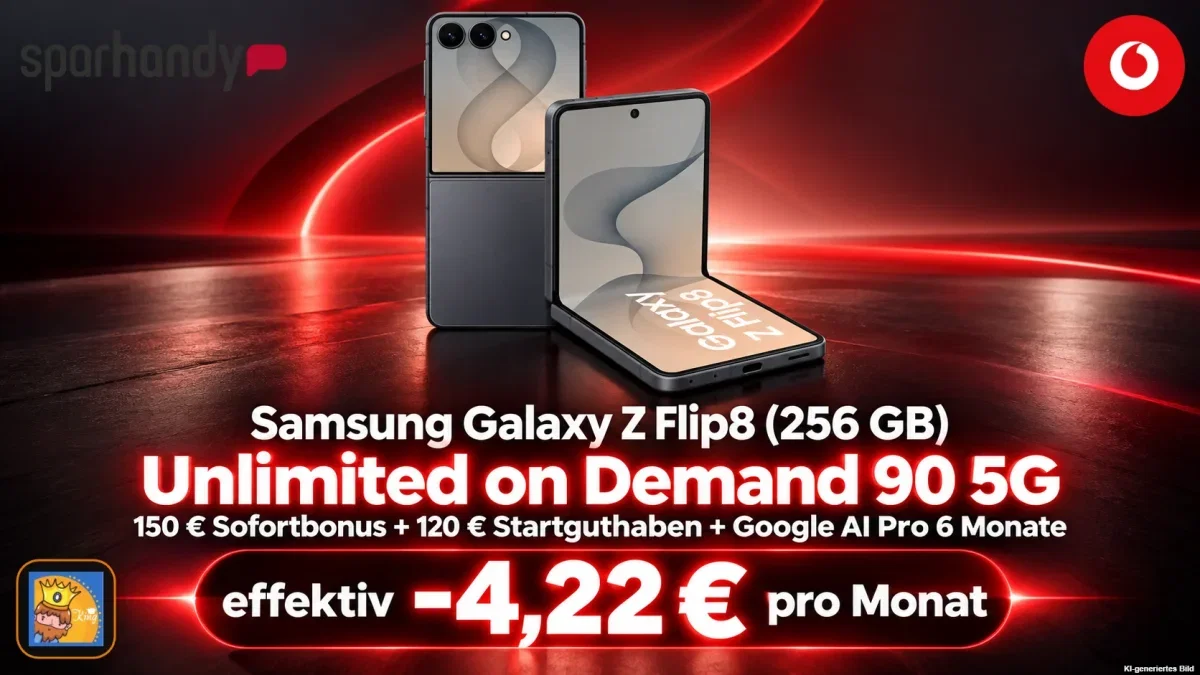 Sparhandy: Samsung Galaxy Z Flip8 (256 GB) + 150 € Sofortbonus + Vodafone Smart S Spezial Unlimited on Demand 90 5G/LTE für 39,99 € / Monat + 56,93 € einmalig