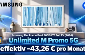 Samsung The Frame Pro TV an der Wand mit o2-Logo und Preisangabe für den Unlimited M Promo 5G Tarif.