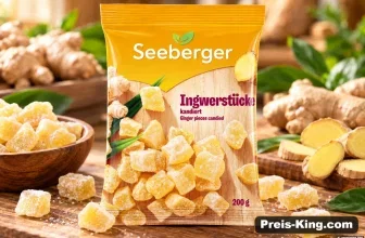 Gelbe Tüte Seeberger Ingwerstücke kandiert 200 g, daneben Holzschale mit Kandis und frischer Ingwer