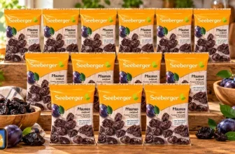 13 Packungen Seeberger Pflaumen entsteint auf Holz, daneben frische Pflaumen und eine Schüssel Trockenfrüchte