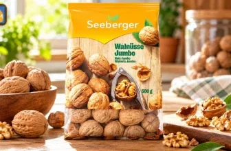 Seeberger Walnüsse Jumbo 500g in gelber Verpackung auf Holztisch neben Schale und Nüssen