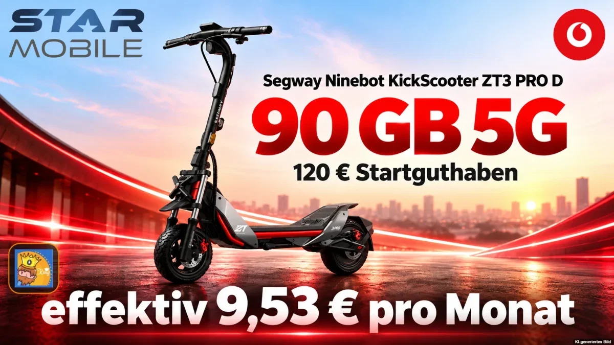 starmobile: Segway Ninebot KickScooter ZT3 PRO D + 120 € Startguthaben + Vodafone Smart S Aktion 90 GB 5G für 39,99 € / Monat + 144,89 € einmalig