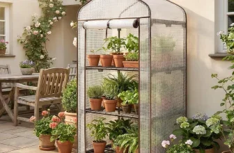 3-stufiges Mini-Gewächshaus mit Pflanzen auf Balkon