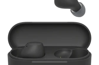 Schwarze Sony WF-C510 Ohrhörer mit geöffnetem Ladeetui auf weißem Hintergrund