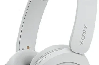 Weißer Sony Over-Ear-Kopfhörer mit sichtbarem Logo und Detailansichten der Ohrmuschel