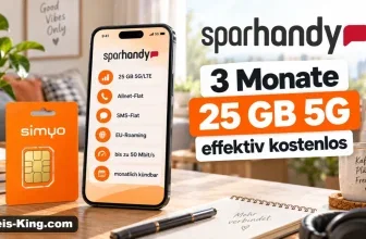 Sparhandy-Angebot mit 25 GB 5G, Simyo-SIM-Karte und Smartphone auf einem Holztisch