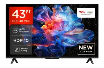 TCL 43 Zoll 4K UHD Smart TV mit farbigem Blumenbild, Badges für AiPQ, HDR 10 und 2025 Modell