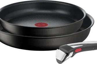 Schwarzes Tefal Pfannenset mit abnehmbarem Griff und rotem Thermosensor