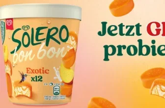 Becher Solero Bon Bon Exotic x12 neben Mangostückchen und Passionsfrucht mit Langnese-Logo
