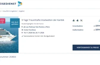 Screenshot eines Kreuzfahrt-Angebots für die Costa Favolosa mit Preisangaben und Reisedaten