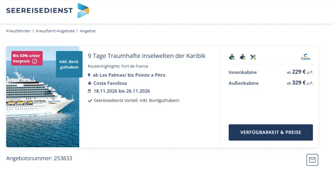 😨🔥Costa Favolosa: 9 Tage von Gran Canaria in die Karibik ab 229 € pro Person