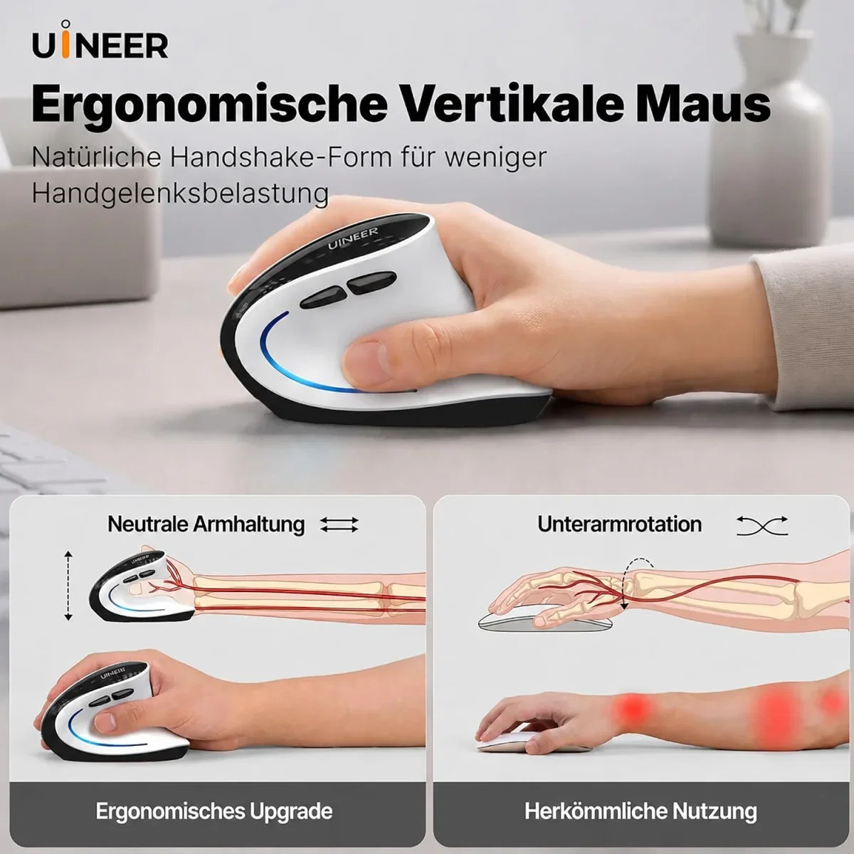 Uineer Ergonomische Vertikale Maus Kabellos & Wiederaufladbar