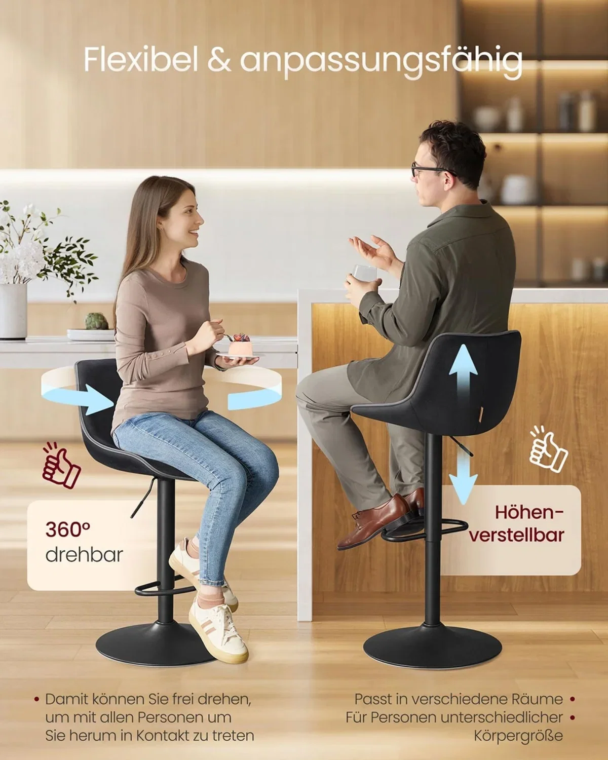 [EXKLUSIV] VASAGLE Barhocker 2er Set (drehbare Sitzfläche, Tintenschwarz, Samtbezug, höhenverstellbar)
