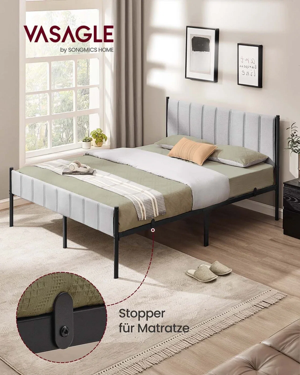 VASAGLE Doppelbettgestell mit Stahl-Latten