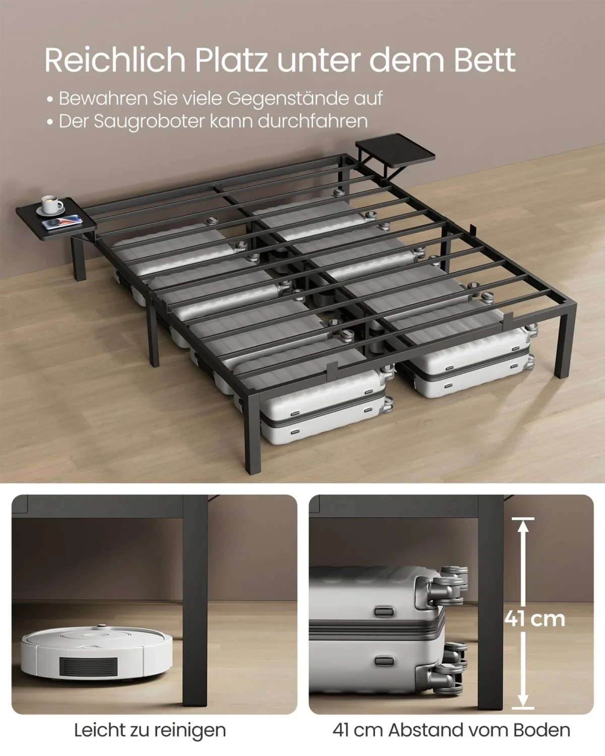VASAGLE Doppelbettgestell aus Metall  mit Aufbewahrungsregalen