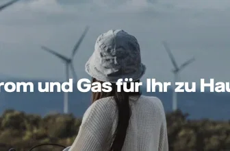 Person mit Hut vor Windrädern, Text: Strom und Gas für Ihr zu Hause