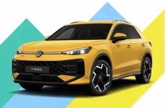 Gelber VW T-Roc R-Line mit schwarzen Felgen vor buntem geometrischem Hintergrund