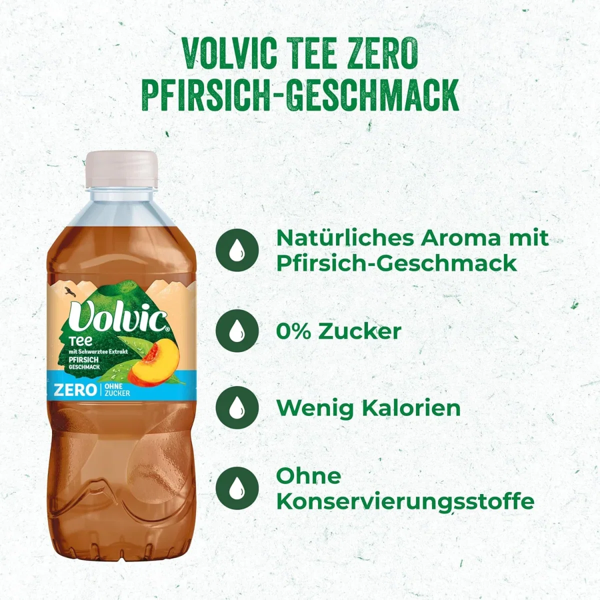 Einzelne Flasche Volvic Tee Zero Pfirsich neben Texten zu Aroma, Zucker, Kalorien und Konservierungsstoffen
