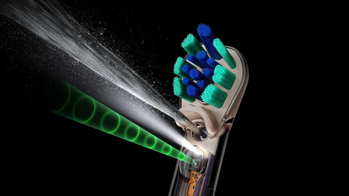 Dyson CameraJet Bürstenkopf mit Präzisionsstrahl und Visualisierung der kamerabasierten Erkennung