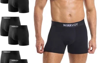 Mann in schwarzer Boxershorts mit WIRRVOY-Logo, daneben sechs weitere Shorts in Schwarz und Grau