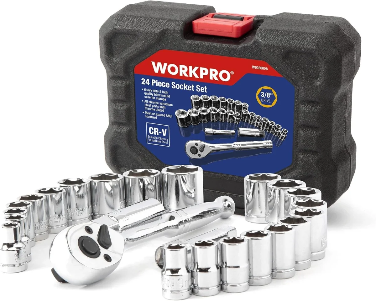 WORKPRO Steckschlüsselsatz 3/8 Umschaltknarre mit Steckschlüssel (inkl. Werkzeugkasten 24-teilig)