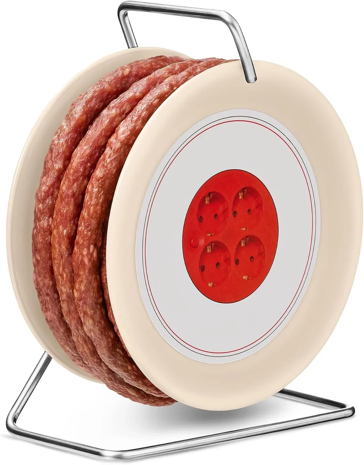 Wurstkabeltrommel mit roter Steckdose und Metallständer auf weißem Hintergrund