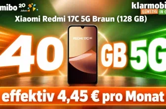 Xiaomi Redmi 17C 5G Braun mit 40 GB 5G Datenvolumen und Preisangabe von 4,45 Euro pro Monat