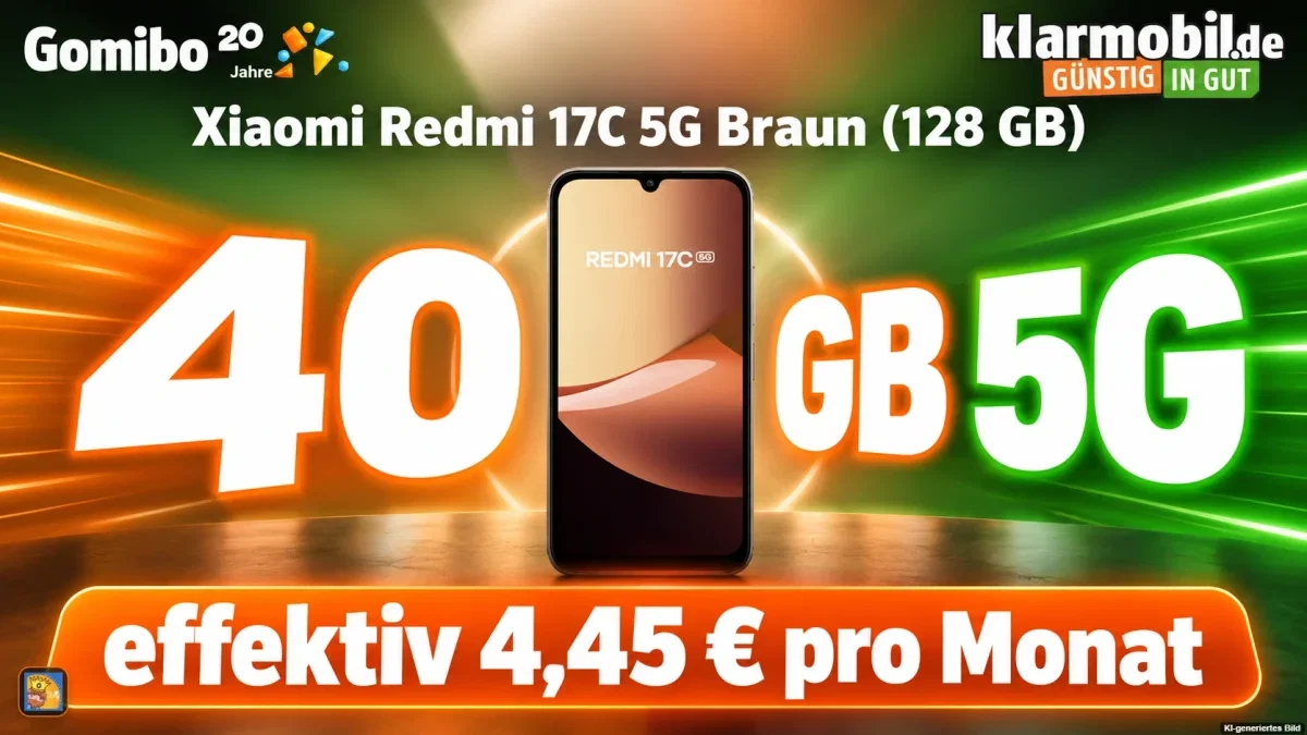 Gomibo: Xiaomi Redmi 17C 5G Braun (128 GB) + klarmobil Telekom Allnet-Flat 40 GB 5G für 19,99 € / Monat + 5,95 € einmalig