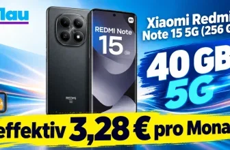 Blau-Werbung mit schwarzem Xiaomi Redmi Note 15 5G, 40 GB 5G und Preisangabe 3,28 Euro pro Monat