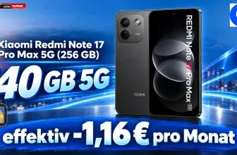 Xiaomi Redmi Note 17 Pro Max 5G (256 GB) mit o2 Blue S 40 GB 5G Tarif. Anzeige zeigt effektiv -1,16 € pro Monat.