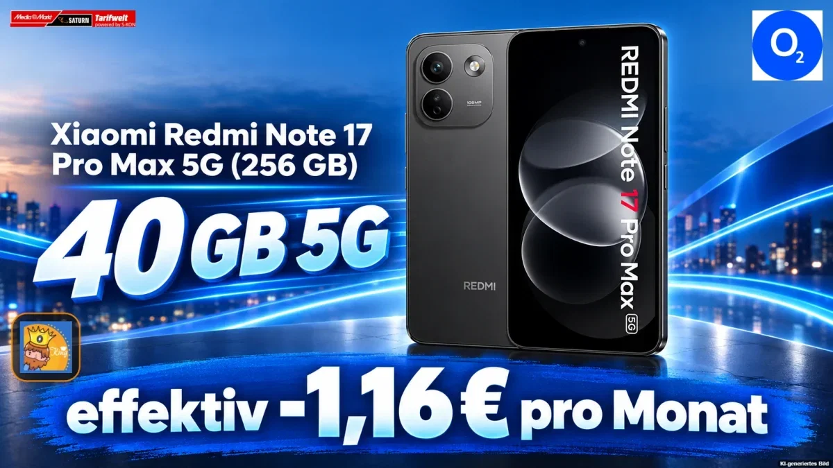 MediaMarkt Tarifwelt: Xiaomi Redmi Note 17 Pro Max 5G (256 GB) + o2 Blue S 40 GB 5G für 14,99 € / Monat + 84,94 € einmalig