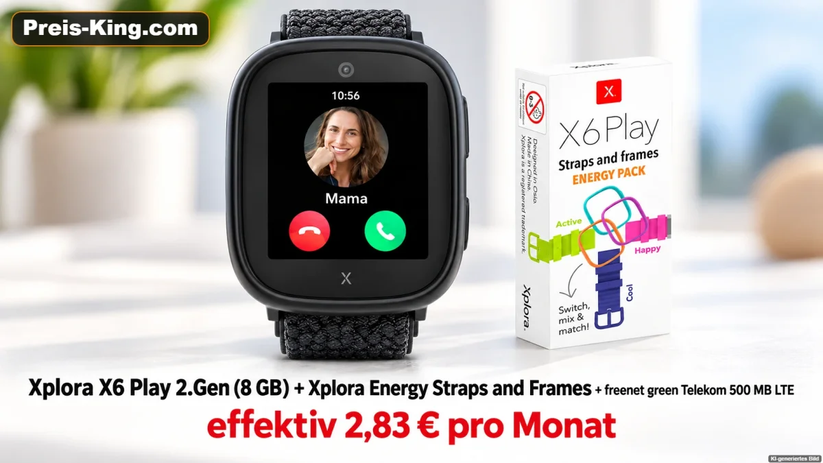 MediaMarkt Tarifwelt: Xplora X6 Play 2.Gen Kinder Smartwatch (8 GB) + Xplora Energy Straps and Frames + freenet green Telekom 500 MB LTE für 6,99 € / Monat + 94,94 € einmalig