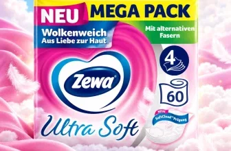 Zewa Ultra Soft Mega Pack mit 60 Rollen auf pinkem, wolkenartigem Hintergrund