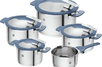 Fünfteiliges ZWILLING Simplify Kochtopf-Set aus Edelstahl mit blauen Deckeln und Ausgießfunktion