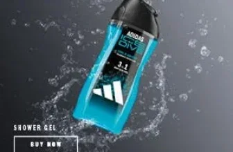 Adidas Ice Dive 3in1 Duschgel Flasche in Blau auf dunklem Hintergrund mit Wasser und Text